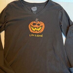 Life Is Good Gray Long Sleeve Tee with Orange Pumpkin
